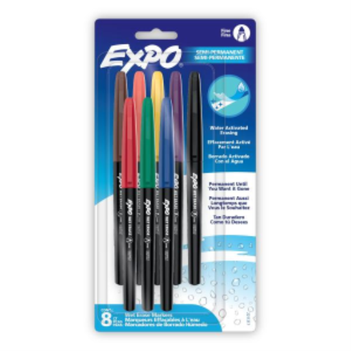 EXPO Wet Erase Markers, Semi-Permanent Markers, Assorted, Fine Tip, 8 Count