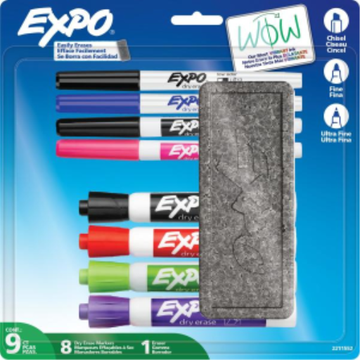 EXPO Dry Erase Markers Kit, Fine and Chisel Tip Markers, 8 Assorted Colours and Eraser