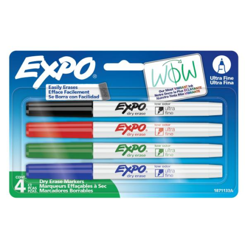 EXPO Dry Erase Markers, Low Odour Ink, Assorted Colours, Ultra Fine Tip, 4 Count