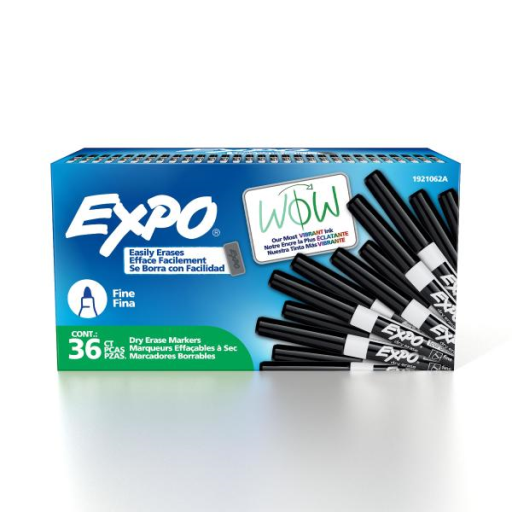 EXPO Dry Erase Markers, Low Odour Ink, Black, Fine Tip, 36 Count