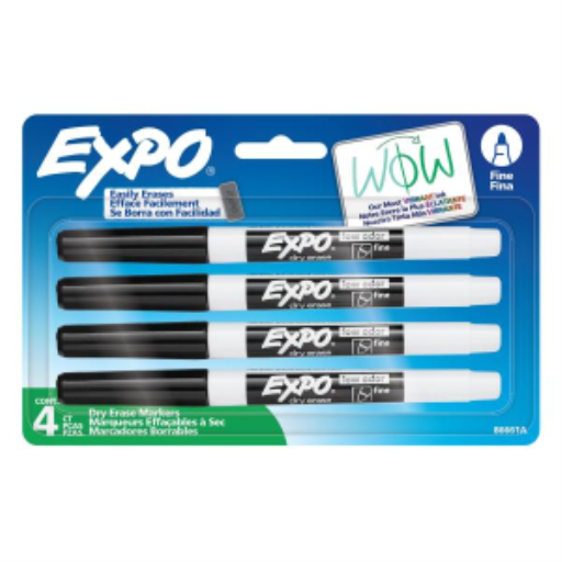 EXPO Dry Erase Markers, Low Odour Ink, Black, Fine Tip, 4 Count
