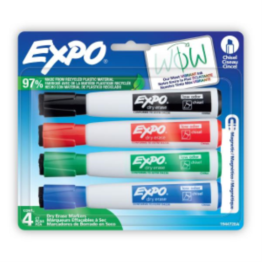 EXPO Magnetic Dry Erase Markers with Eraser, Assorted Colours, Chisel Tip, 4 Count