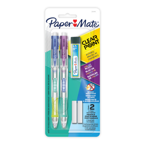 Paper Mate Clearpoint Mechanical Pencil, Break-Resistant, Colour Block Edition, HB #2 Lead (0.7mm), Includes Eraser and Lead Refills, 5 Piece Set