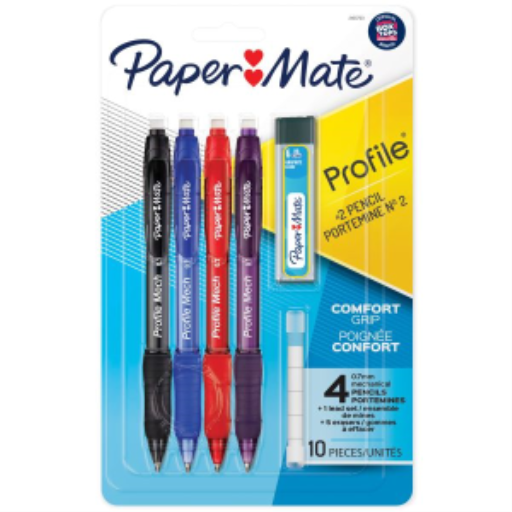 Paper Mate Profile Mech Mechanical Pencil Set, 0.7 mm #2 Pencil Lead, Includes Lead and Eraser Refills, Assorted Barrel Colours, 4 Count