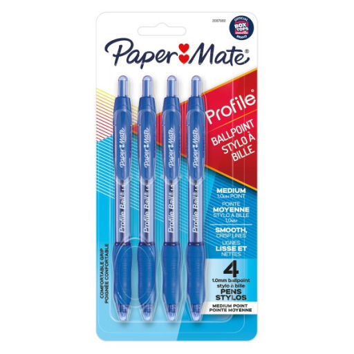 Paper Mate Ballpoint Pen, Profile Retractable Pen, Medium Point (1.0 mm), Blue, 4 Count