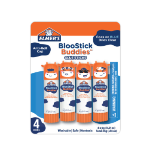 Elmer's BlooStick Buddies Glue Sticks, Disappearing Blue Glue Stick, Anti-Roll Cap, 6g, 4 Count