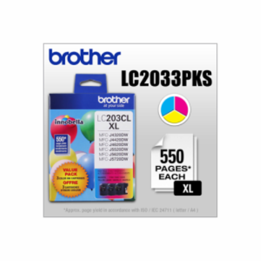 Brother LC2033PKS 3-Pack of Innobella Colour Ink Cartridges (1 each of Cyan, Magenta, Yellow), High Yield (XL Series)