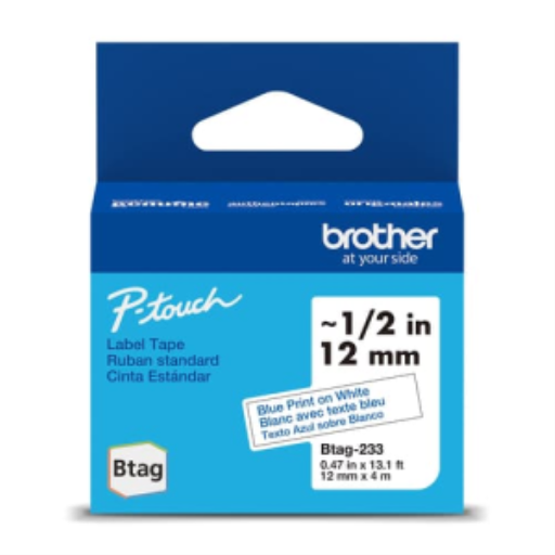 Brother Genuine BTAG233 Non-Laminated Tape for P-touch Label Makers, Blue on White ? 12 mm wide x 4 m long