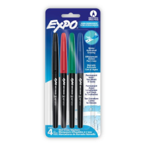 EXPO Wet Erase Markers, Semi-Permanent Markers, Assorted, Ultra Fine Tip, 4 Count
