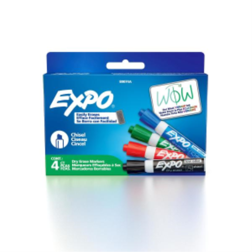 EXPO Dry Erase Markers, Low Odour Ink, Assorted Colours, Chisel Tip, 4 Count