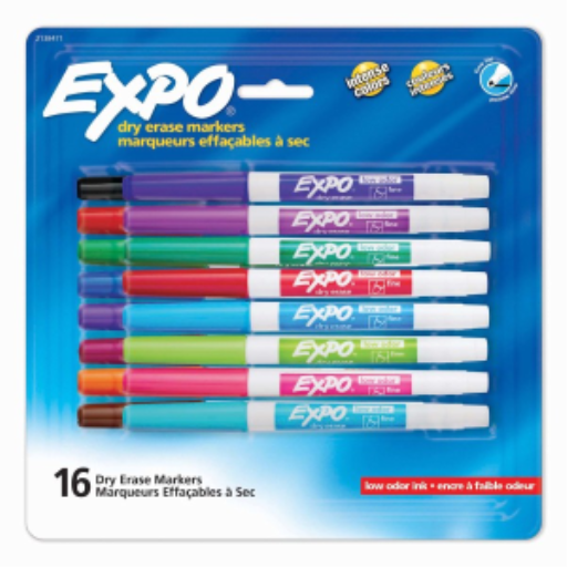 EXPO Dry Erase Markers, Low Odour Ink, Assorted Colours, Fine Tip, 16 Count