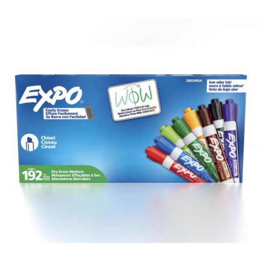 EXPO Dry Erase Markers, Low Odour Ink, Assorted Colours, Chisel Tip, 192 Count