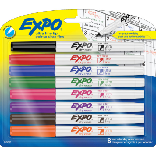 EXPO Low Odour Dry Erase Markers, Ultra Fine Tip, Assorted Colours, 8 Count