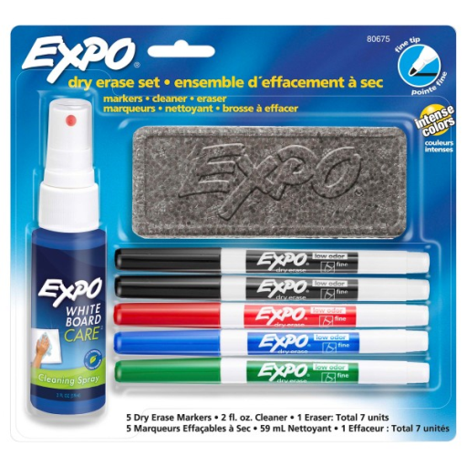 EXPO Dry Erase Markers Kit, Fine Tip, Assorted Colours, Eraser, Spray Cleaner, 7 Count