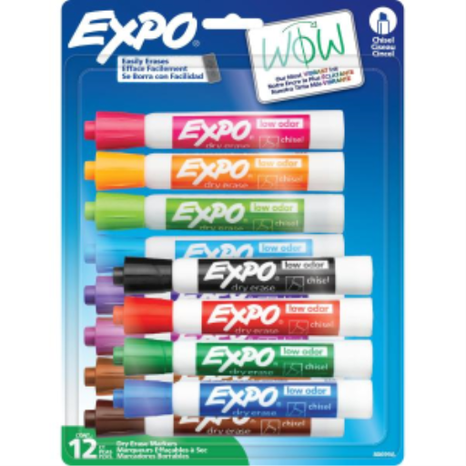 EXPO Dry Erase Markers, Low Odour Ink, Assorted Colours, Chisel Tip, 12 Count