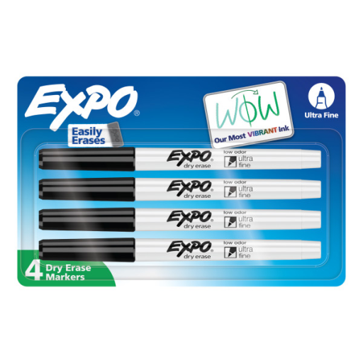 EXPO Dry Erase Markers, Low Odour Ink, Black, Ultra Fine Tip, 4 Count