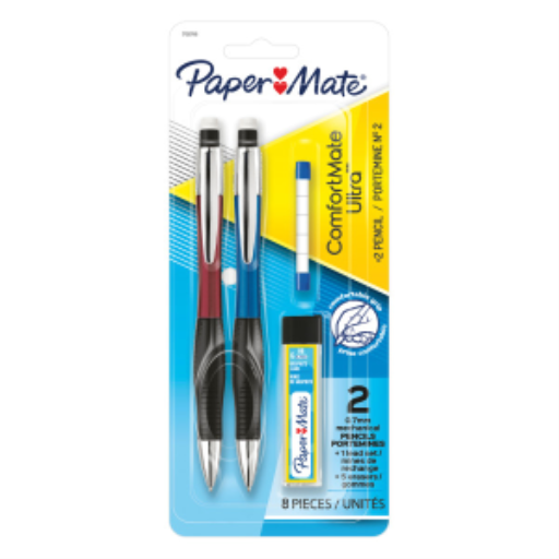 Paper Mate Comfort Mate Ultra Mechanical Pencils, HB #2 Lead (0.7 mm), Assorted Colours, 2 Pencils, 1 Lead Refill Set, 5 Erasers