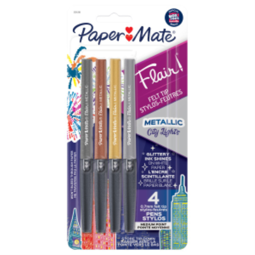 Paper Mate Flair Pens, Metallic Felt Tip Pens, City Lights, Glittery Ink Shines on White Paper, Assorted Colours, 4 Count