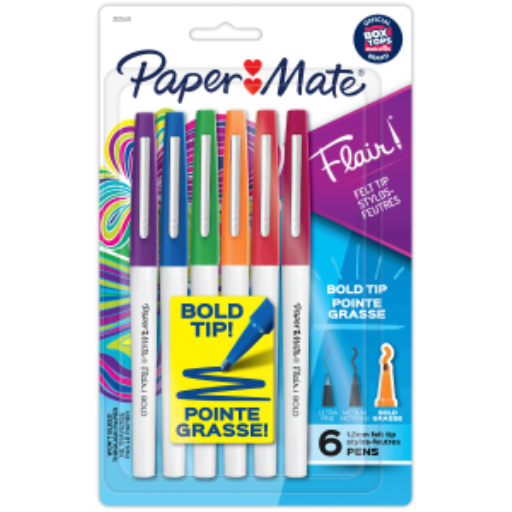 Paper Mate Flair Pens, Felt Tip Pens, Bold Tip (1.2 mm), Assorted Colours, 6 Count
