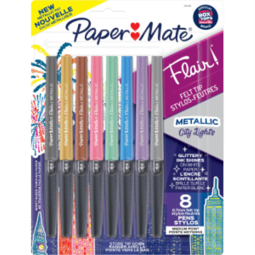Paper Mate Flair Pens, Metallic Felt Tip Pens, City Lights, Glittery Ink Shines on White Paper, Assorted Colours, 8 Count