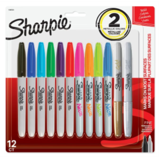 Sharpie Permanent Markers, Fine Point, Assorted Colours, 12 Count