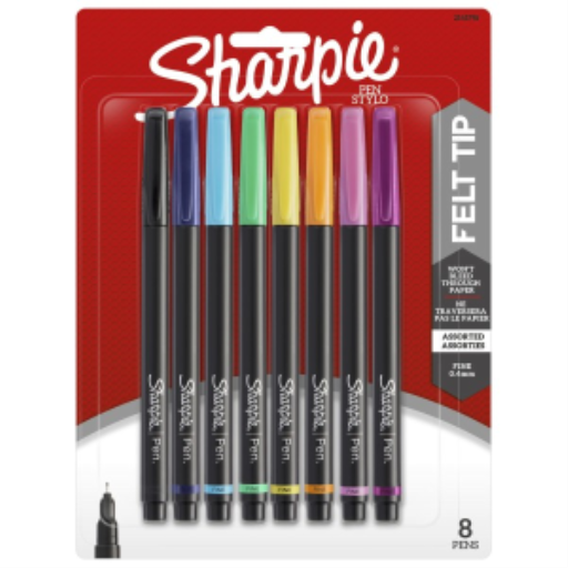 Sharpie Pens, Felt Tip, Fine Point (0.4 mm), Assorted Colours, 8 Count