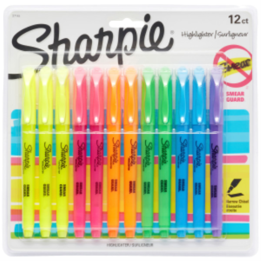 Sharpie Pocket Highlighters, Narrow Chisel Tip, Assorted Colours, 12 Count
