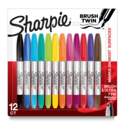 Sharpie Brush Twin Permanent Markers, Brush Tip Marker and Ultra Fine Tip Marker, Assorted Colours, 12 Count