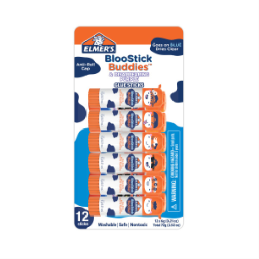Elmer's BlooStick Buddies Glue Sticks, Disappearing Blue Glue Stick, Anti-Roll Cap, 6g, 12 Count