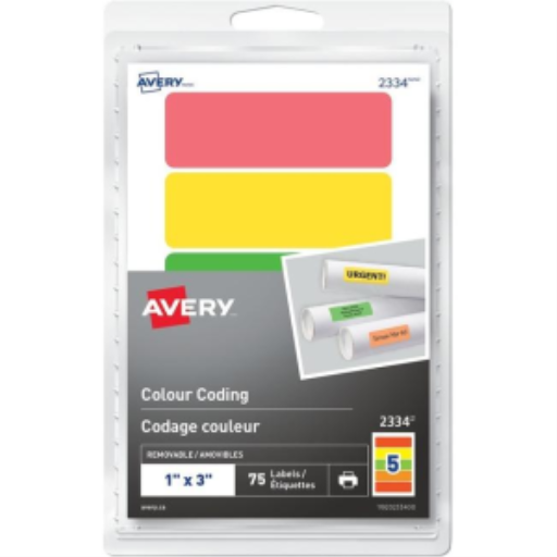 2334 Avery? Removable Rectangular Colour Coding Labels for Laser or Inkjet Printers, 1" x 3"  Assorted Colours / Removable