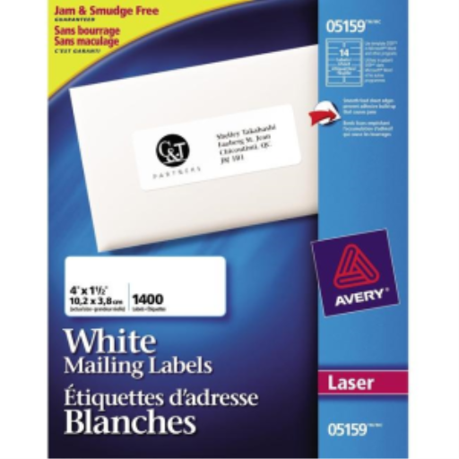 5159 Avery? White Rectangle Labels 1?" x 4", Permanent Adhesive, for Laser and Inkjet Printers,  Matte White Paper / White / Permanent