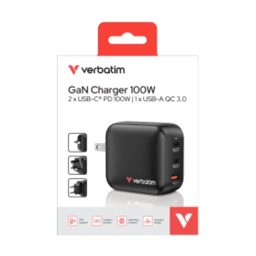Verbatim Mini GaN Charger 100W 3 Port US plug with EU and UK adaptors