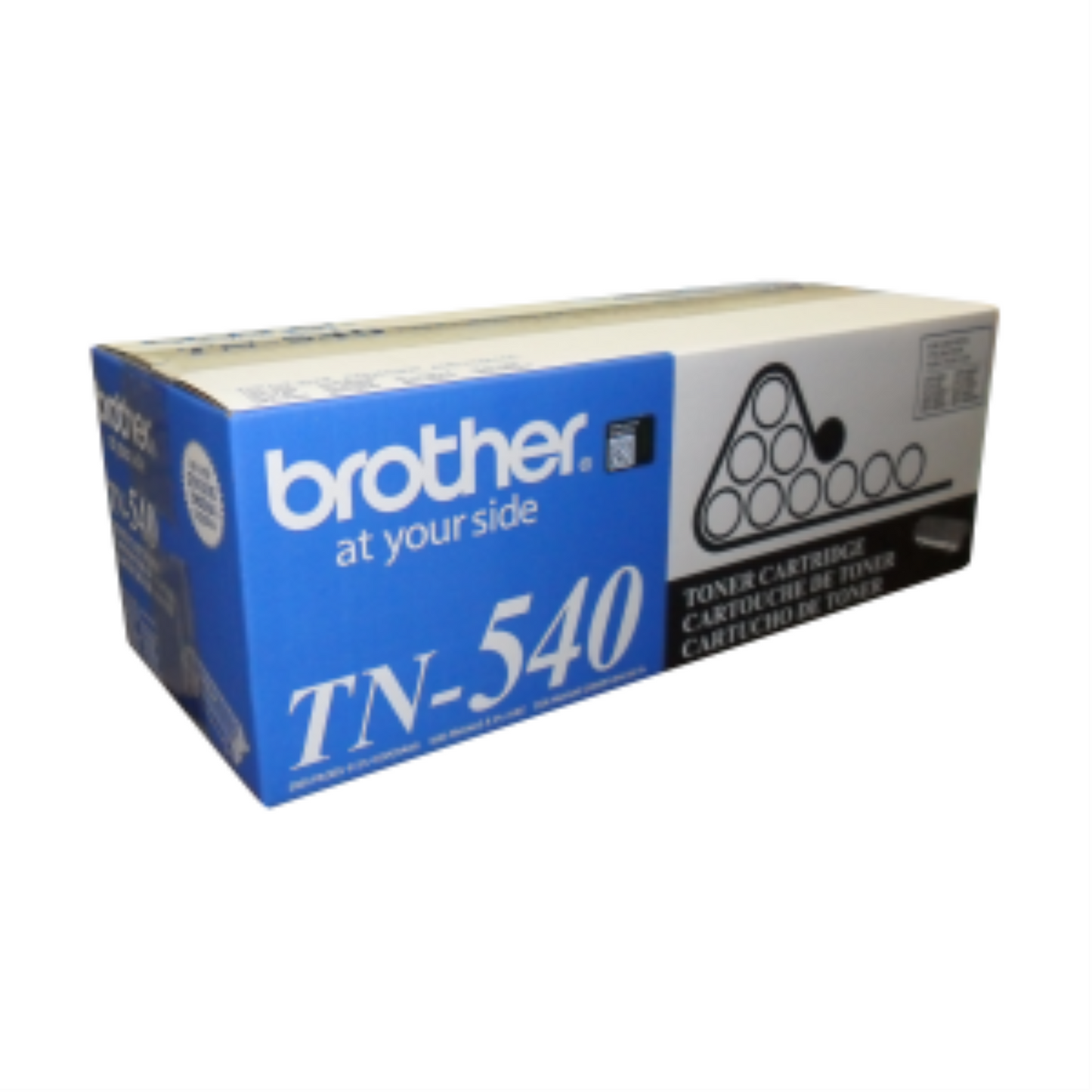 Genuine Brother TN-540 standard yield black toner cartridge box with blue and white branding.