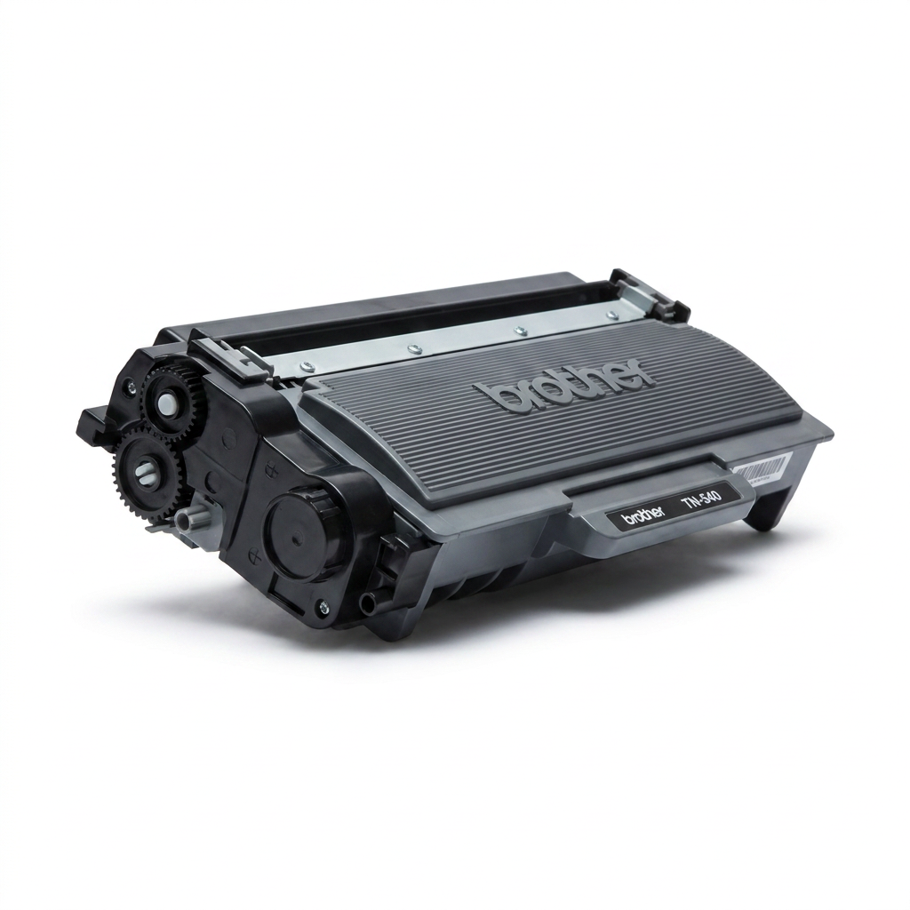 Photorealistic studio product shot of the Brother TN540 Black Toner Cartridge on a white background.