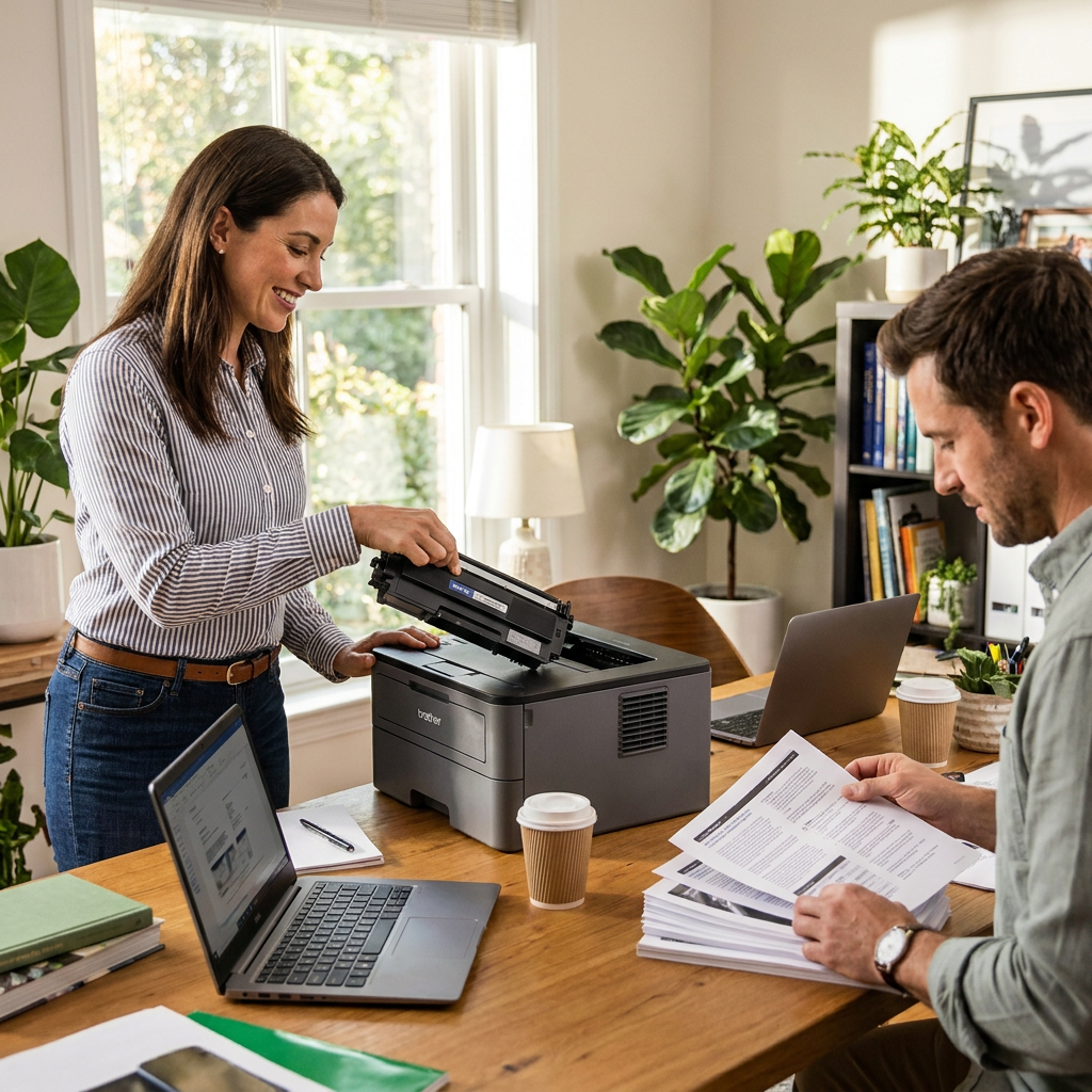 A lifestyle photo of a woman inserting a Brother TN540 toner cartridge into a printer in a sunlit home office, while her male coworker reviews printed documents.