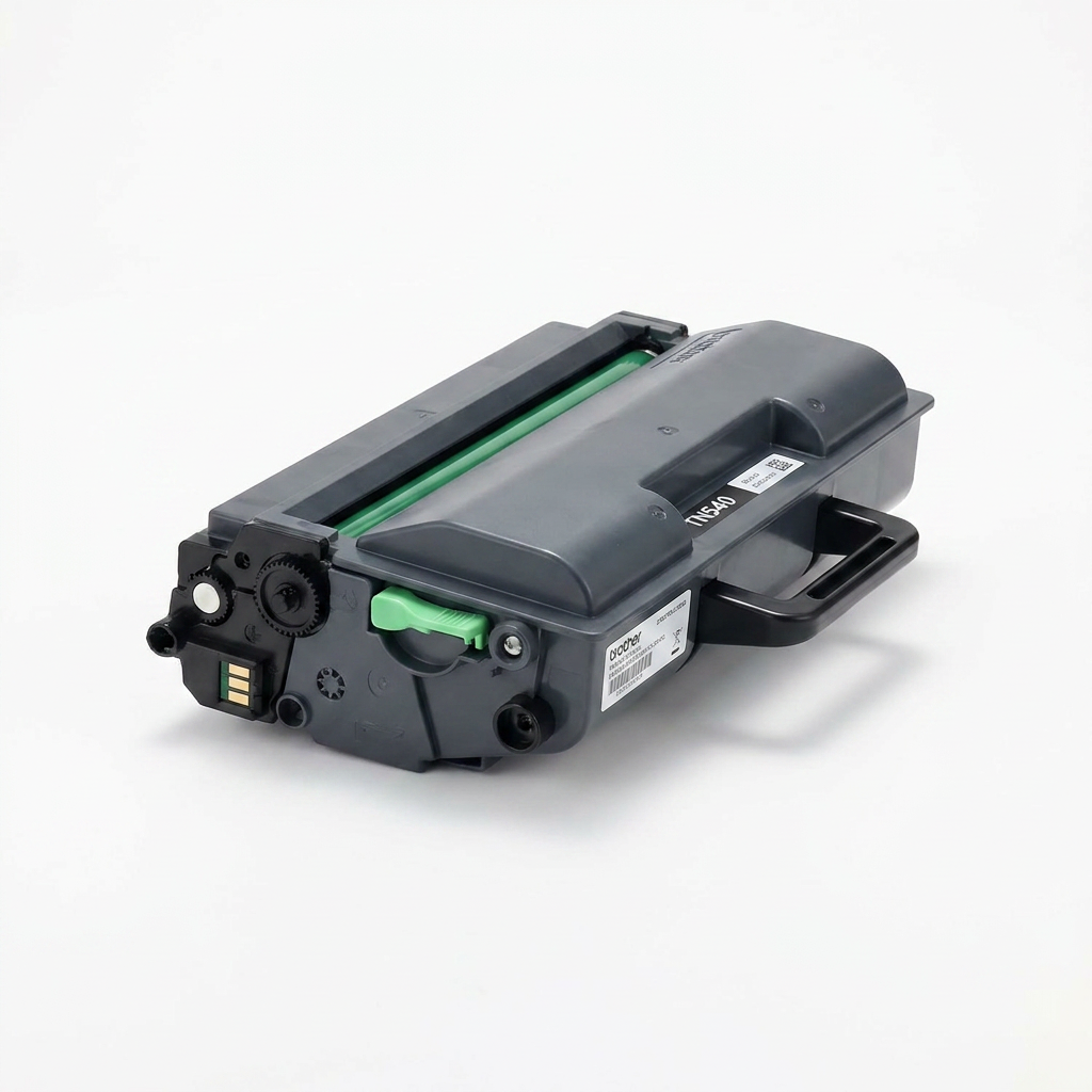 A photorealistic studio photograph of the Brother TN540 Black Toner Cartridge, angled right, on a pure white background.