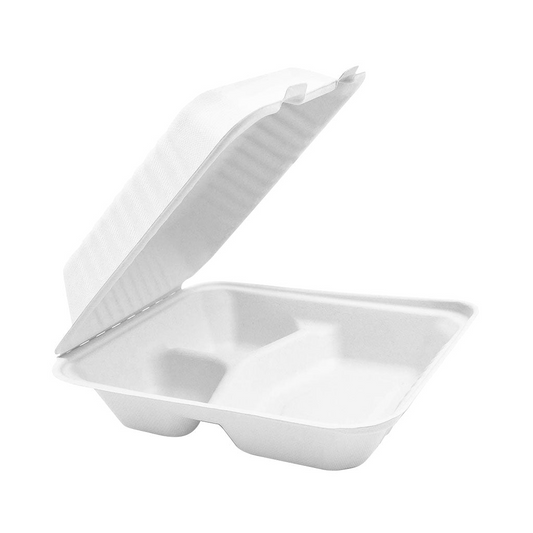 Compostable Hinged Containers - 9" x 9" x 3" / White / 3 Compartment - (Pack of 50)